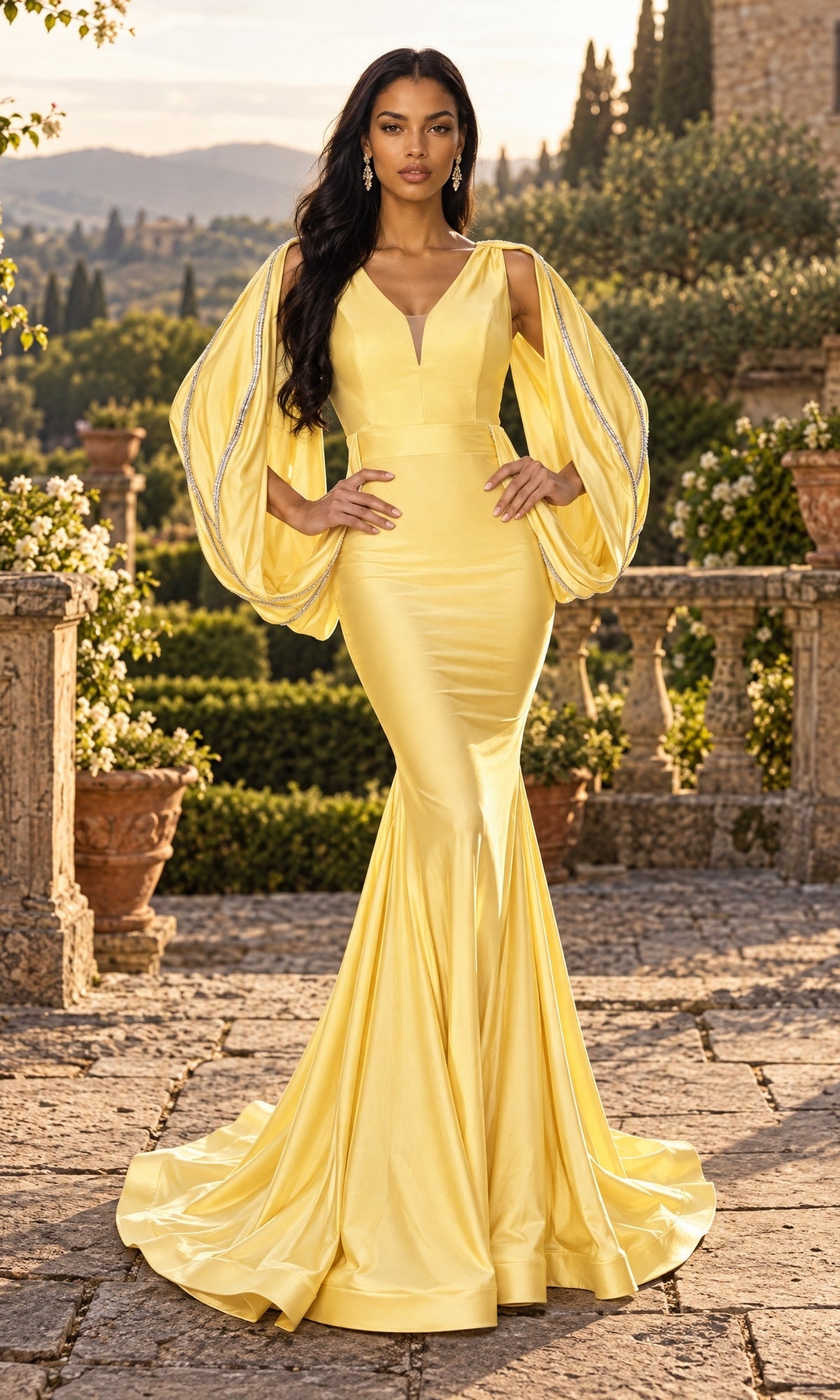 A woman stands outdoors in a garden setting with stone pathways and lush greenery, elegantly showcasing the Long Prom Dress: Jessica Angel JA902 in pale yellow. The fitted, floor-length dress features dramatic draped sleeves and a mermaid silhouette that accentuates her figure.
